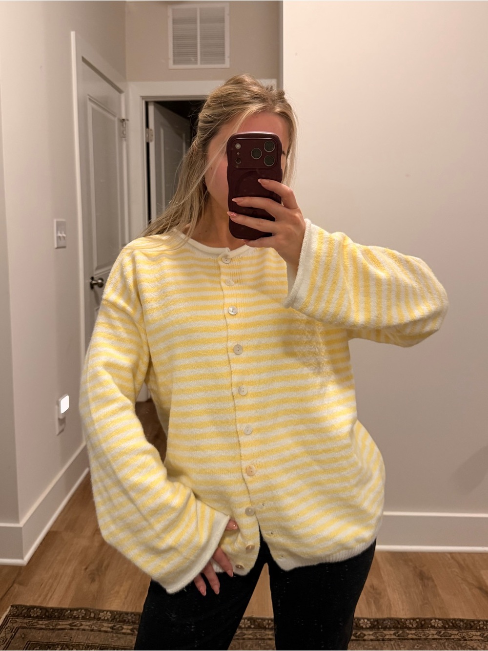 SHEIN Yellow and White Striped Button-Up Cardigan
